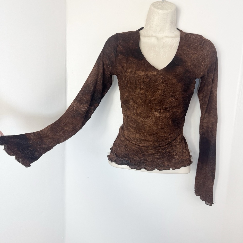 Vintage Y2K Wet Seal Long Sleeve Mesh Top Womens M Brown Fairy Grunge Crinkle